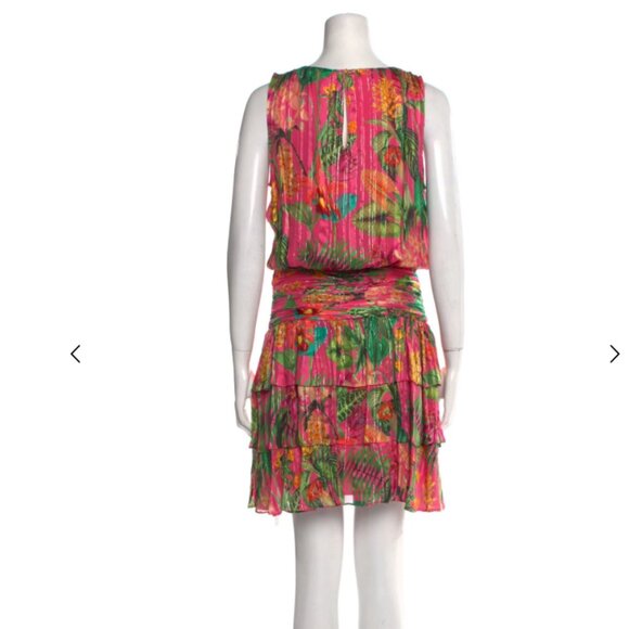 Ramy Brook Wilson Silk Mini Dress M Pink Tropical Floral Pleated Boho Resort - Picture 5 of 6